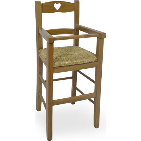 Okaffarefatto – Chaise haute bébé en bois massif noyer clair – Assise en paille palustre tressée – Hauteur 58 cm – Pour enfants de 2 à 5 ans