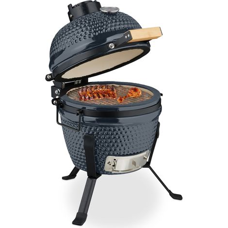 Relaxdays Barbecue a Carbonella Stile Kamado, Griglia Ø 26 cm in Ceramica, Bbq Carbone da Esterno Termometro 450°C