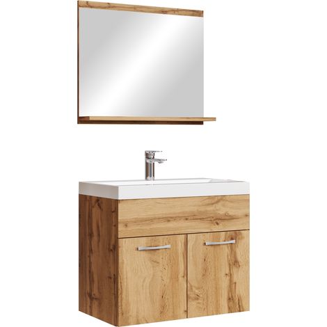 Badplaats – Meuble de salle de bain 60 cm chêne – Lavabo en marbre artificiel – 2 portes – Miroir avec étagère – Montage facile (1/5)