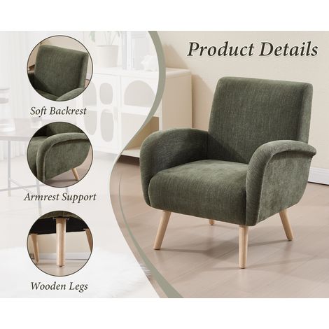 Wahson Fauteuil de salon en chenille vert – Dossier large et accoudoirs confortables – Coussin épais 16 cm – Pieds en bois robustes, Vert