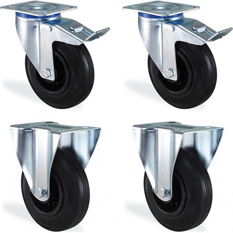 Lot roulettes pivotantes à frein et fixes caoutchouc noir diamètre 125mm charge 300kg
