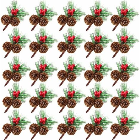 25 PCS Mini Pics de pin artificiels avec Baies Rouges et Pommes de pin Naturelles, brins de pin à Feuilles persistantes de Noël et Baies de Houx, Aiguilles de Faux pin de Festival