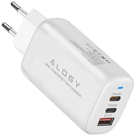 Cargador rápido 3 en 1 para Samsung iPhone GaN3 65W PD y QC, 2 puertos USB-C de 65W + USB-A de 30W, Alogy GaNCharge Compact™ - Blanco (1/5)