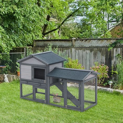 PawHut Clapier cage à lapins rongeurs 2 niveaux clapier lapin nain avec 3 portes verrouillables tiroir à déjection toit intégral bitumé 147L x 54l x 84H cm bois massif pin gris