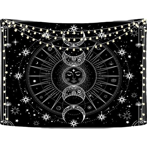Tapisserie murale Soleil et Lune, motif soleil et étoiles, style psychédélique noir et blanc, idéale pour la chambre, le salon ou une chambre d'étudiant. Décoration murale pour la maison. (1/5)