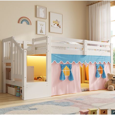 Letto rialzato bambino 90x200 cm con LED, tende oscuranti e contenitore, MDF e pino bianco (1/5)