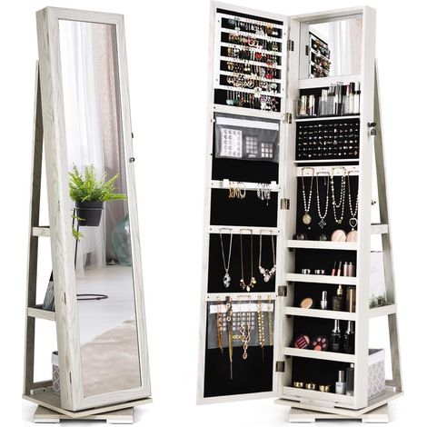 COSTWAY 2 in 1 Schmuckschrank & Leiterregal mit Ganzkoerperspiegel und kleinem Schminkspiegel, Schmuck Spiegelschrank abschliessbar und drehbar, Schmuckregal stehend Weisses Holzoptik