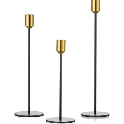 3 bougeoirs en métal doré et noir, grands bougeoirs dorés (1/5)