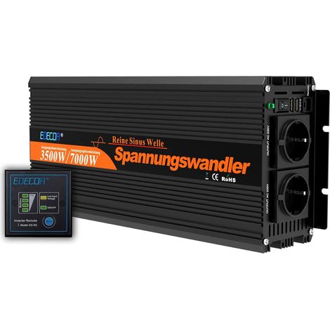 Edecoa – Convertisseur de tension 3500W pur sinus – 2x USB – Télécommande incluse – Protection surcharge et surchauffe – Pour équipements sensibles