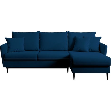 Selsey VOLIO Canapé d'angle avec fonction couchage velours bleu marine pieds hydrophobes noir (1/5)