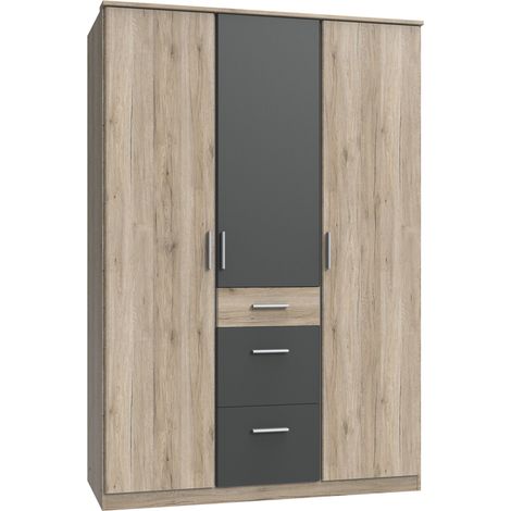 Armoire Placard, meuble de rangement Imitation chêne San Remo, rechampis graphite - Longueur 135 x Hauteur 199 x Profondeur 58 cm -PEGANE- (1/2)