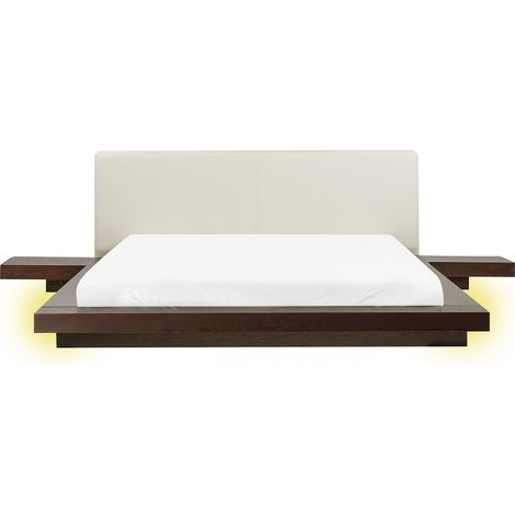 Cama LED moderna con plataforma mesitas de noche cabecero de piel sintética MDF madera de fresno oscuro 160 x 200 cm Zen (1/5)