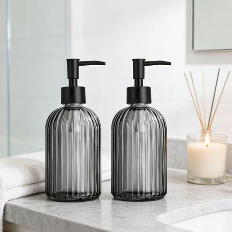 Distributeur De Savon - Verre Sodium-Calcium - 400 Ml - Pompe En Acier Inoxydable - Design À Rayures - Lot De 2 (1/5)
