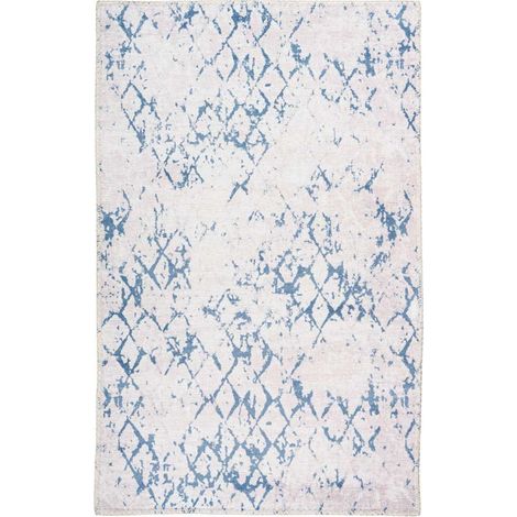 Tapis Tissé Imprimé Vintage "Peron IV" Blanc & Bleu 80 x 150 cm