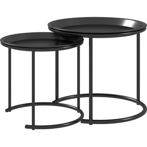 Lot de 2 tables basses rondes gigognes plateaux amovibles style industriel en acier Ø 43 et Ø 35 cm noir (1/5)