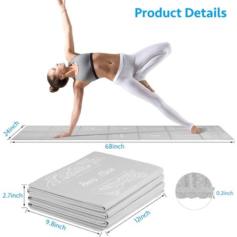 Tappetino yoga pieghevole per donna, tappetino antiscivolo per esercizi, adatto per casa e palestra, inclusa borsa per il trasporto, adatto per yoga, pilates e fitness, 173 x 61 cm x 5 mm di spessore, (1/4)