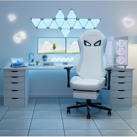 Silla gaming ergonómica 60x53x132 cm blanca y azul con reposapiés, polipiel MEUBLIV (1/5)