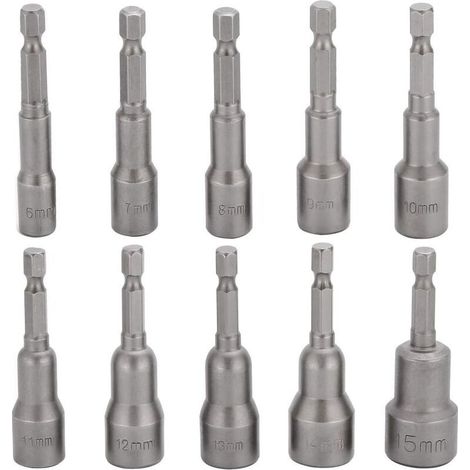 royaluxe -Jeu de 10 embouts de clé à chocs 6-15 mm Jeu de douilles hexagonales magnétiques Jeu d'embouts magnétiques Jeu de douilles hexagonales 1/4" pour mandrin à changement rapide (1/5)