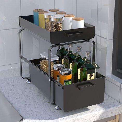 Etagere de Rangement sous Evier Rack avec tiroir coulissant pour Cuisine et Salle de Bain - 2 Niveaux- Acier Inx. - Noir (1/5)