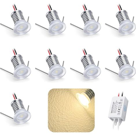 9pcs Mini Spot LED 12V 1W RGB, IP65 Étanche Petite Taille Lampes Avec Transfo 220V, 15mm Pointeur Éclairage Encastré Pour Meuble Veilleuse Armoires Escaliers (Blanc Chaud)