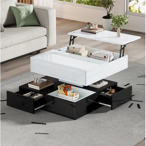 Table basse 70x70x40 cm noir et blanc en panneaux de particules avec plateau rotatif 360° relevable et rangement (1/5)