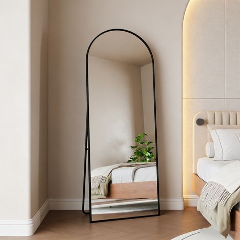 Miroir sur Pied 164 x 54cm, Miroir Arqué sur Pied à Poser au Sol, Cadre en Alliage d’Aluminium, Verre Trempé, Design Arche pour Chambre, Salon et Entrée,Noir