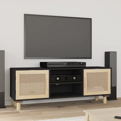 TV Cabinet Black 105x30x40 cm Solid Wood Pine&Natural Rattan vidaXL (1/5)