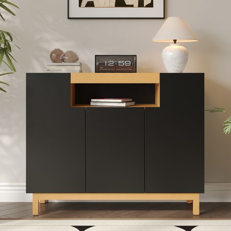 Buffet Bas Sideboard Blanc et Bois - Meuble de Rangement Design Scandinave avec 3 Portes et Niche Ouverte Centrale, Salon Salle à Manger - 120,5x42x96cm - Noir (1/4)