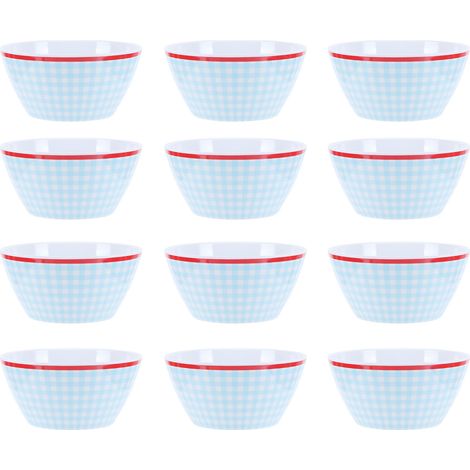 Lot de 12 saladiers de 15 cm (6 pouces) en porcelaine imitation, motif quadrillé bleu clair. (1/5)