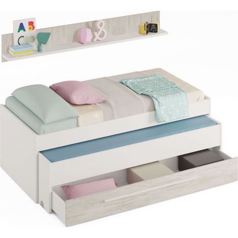 Lit enfant gigogne double coloris blanc artic / blanc poli - Hauteur 65 x Longueur 199 x Profondeur 96 cm