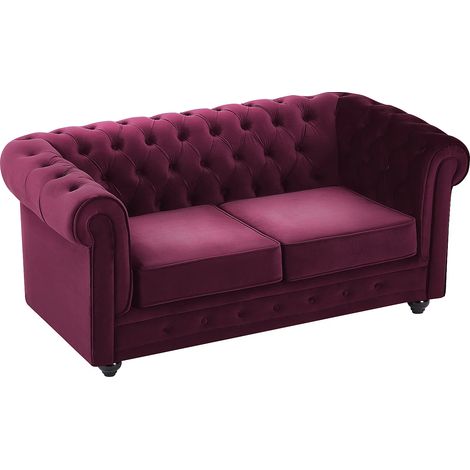 Vente-Unique – Canapé 2 places convertible en velours bordeaux – Chesterfield capitonné – Assise déhoussable – Confort équilibré – Dimensions 165x88x72 cm (1/5)
