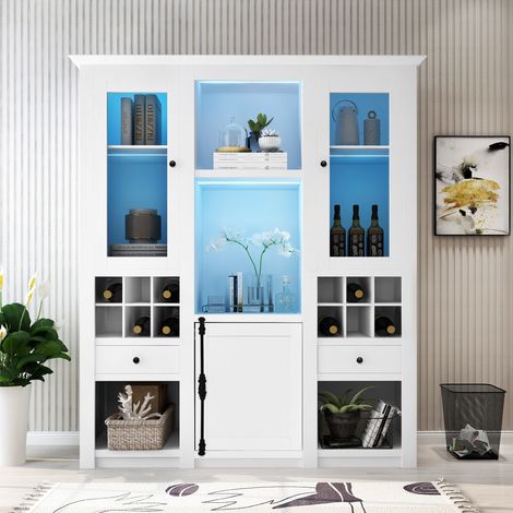 Vitrine multifonctionnelle 143x45.5x170 cm avec 2 portes battantes en verre, compartiment à vin et tiroir, blanc (1/5)