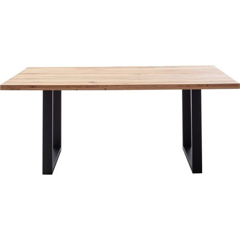 Table à manger avec bord droit coloris Chêne massif naturel et pieds en métal noir - Longueur 160 x Profondeur 90 x Hauteur 76 cm (1/5)