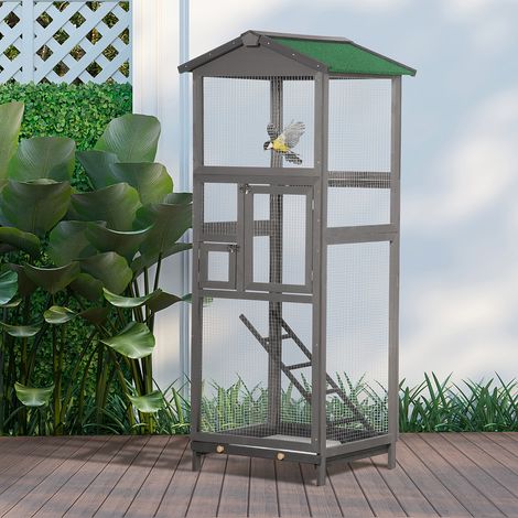 Cage à oiseaux volière en bois massif grande taille 2 portes toit asphalte tiroir amovible 68 x 63 x 165 cm gris