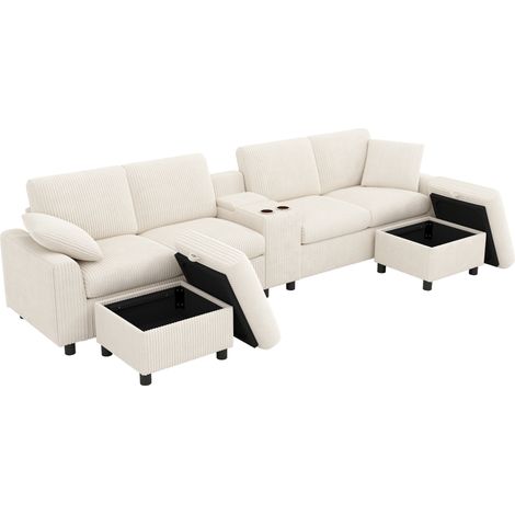 Canapé en U en velours côtelé beige avec 2 poufs de rangement, table d'appoint, ports USB et prises électriques (315×81×135 cm) (1/5)