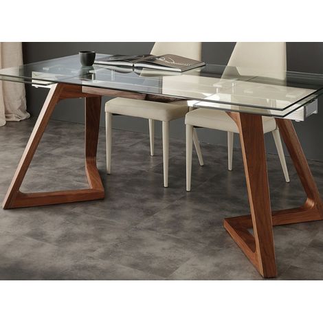 Table de repas extensible plateau en verre et piétement bois massif noyer Kudane-Longueur 180/260 cm (1/5)