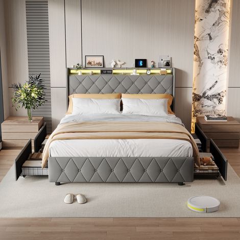 FOERPL-Gepolstertes Doppelbett 140x200 cm mit LED-Beleuchtung und USB-Anschlüssen, Stauraumbett mit 4 Schubladen und Lattenrost, gestepptes Bettgestell 140x200 cm mit Stauraum-Kopfteil 2-Personen-Bett