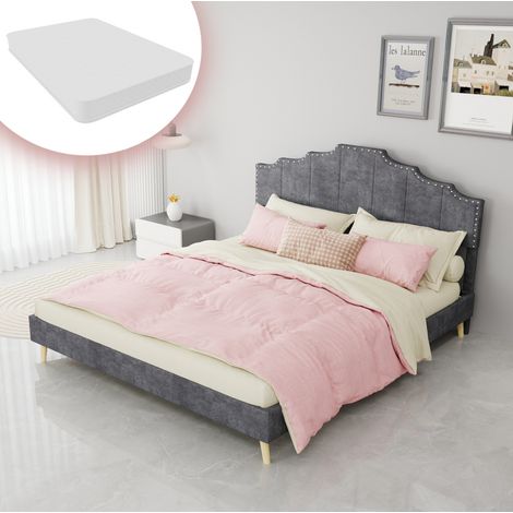 Bett modern gepolstert Stoff grau 160x200 cm mit geometrischem Kopfteil, Lattenrost und Matratze inklusive