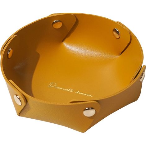 Plateau rond en cuir, plateau de rangement en cuir, plateau à bijoux en simili cuir, plateau de rangement pour pièces de monnaie pour clés, montres, fournitures de bureau, bijoux(jaune) (1/5)