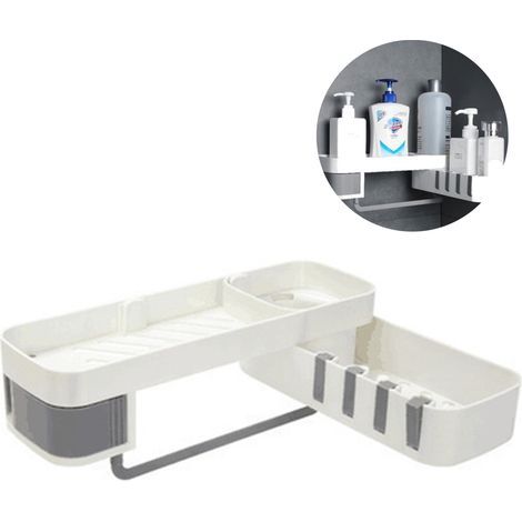 Étagère de douche en plastique double couche, adhésive, de couleur blanche et grise.-Étagère murale avec porte-serviettes (1/5)