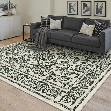 Noir Vintage Tapis Salon 160x230cm Rug Lavable en Machine Grand Antidérapant Rugs,Chambre Adulte Enfant,Carpets Salle a Manger,Bureau,Cuisine,Interieur Doux Poil Ras Carpet (1/5)