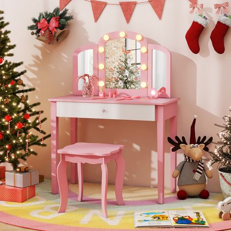 Coiffeuse enfant rose 2-en-1 avec miroir amovible, éclairage LED réglable et tiroir, pour chambre et salle de jeux (1/5)