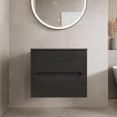 600mm Bathroom Vanity Unit Black Countertop Wall Hung Fluted Black Unit (1/5)