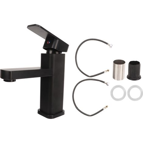 Robinet de salle de bain monotrou en acier inoxydable moderne réglable pour lavabo eau chaude/eau froide, accessoires de salle de bain, noir (1/5)