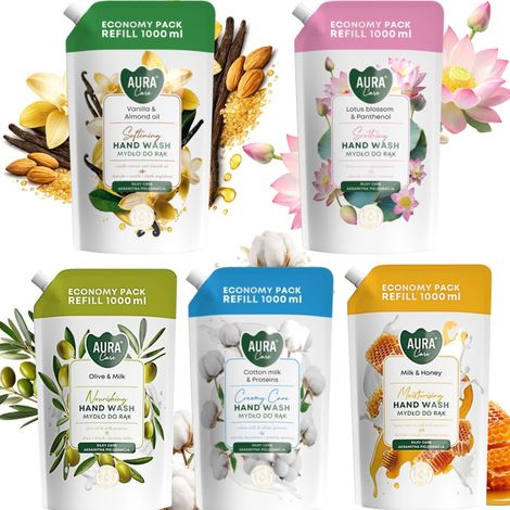Set di 5 ricariche di sapone liquido per le mani AURA Care da 1000 ml (miscela)