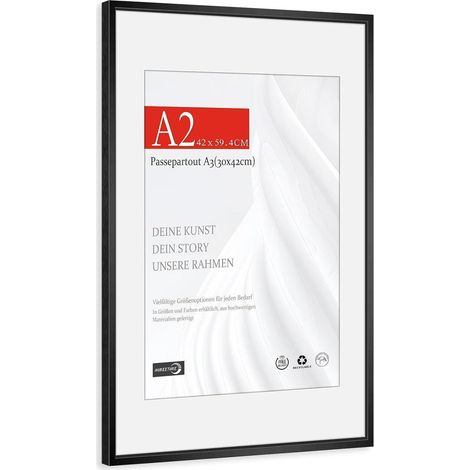 Bilderrahmen A2 (42x59,4cm) Aluminium Schwarz mit Passepartout A3, bruchsicher (1/5)