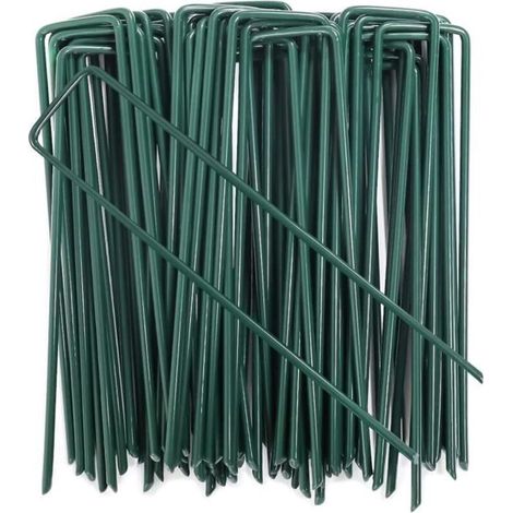 100 piquets de sol en acier galvanisé, ancrages de jardin en forme de U pour toile de paillage, 150 x 25 mm, 3 mm, verts (1/5)