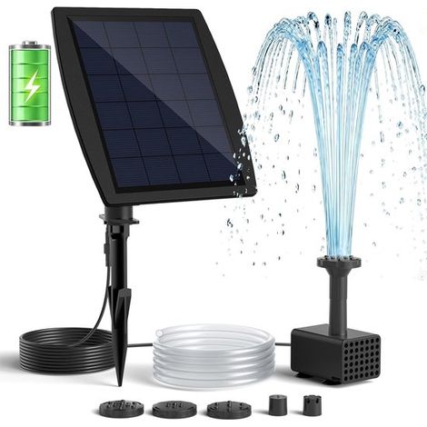 Bomba de fuente solar con batería respaldo, bomba agua solar 4 W batería integrada 2000 mAh, cable 3 m, 5 modos pulverización manguera PVC 1,2 m (1/5)