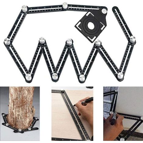 Righello multiangolo, misuratore di angoli a 12 lati, misuratore di fori per piastrelle con 3 aperture di posizionamento, righello multiangolo aggiornato/metallo/nero (1/4)