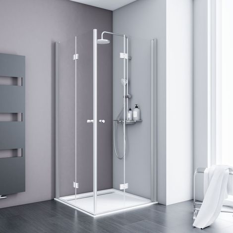 Accès d'angle droit avec portes de douche pivotantes-pliantes, verre 5 mm transparent anticalcaire, profilé alu-argenté, Schulte, 90 x 90 x 192 cm (1/5)